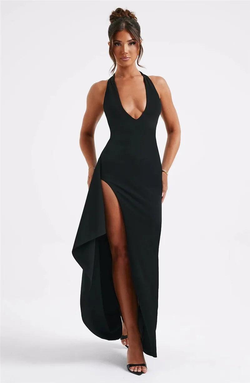 Low Cut Leg Slit Maxi Bodycon Evening Dress