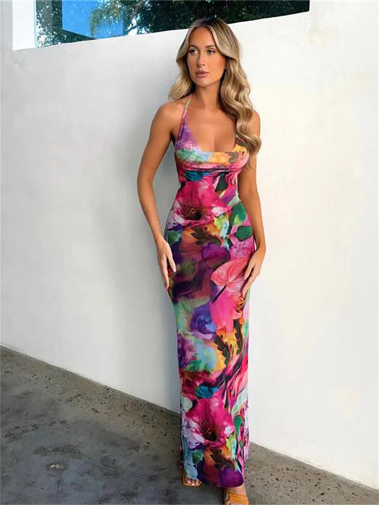 Multi-Color Floral Open Back Maxi Bodycon Dress