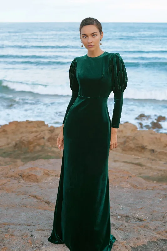 Open Back Dark Green Winter Velvet Dress For Women Maxi Dress Wedding Guest Dress Bridesmaid Dress