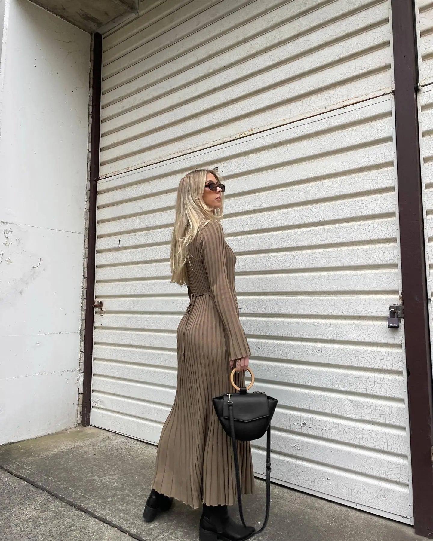 Pleated Long Sleeve Maxi Dress