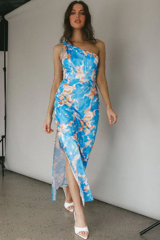 Portland One-Shoulder Maxi Dress Floral Blue