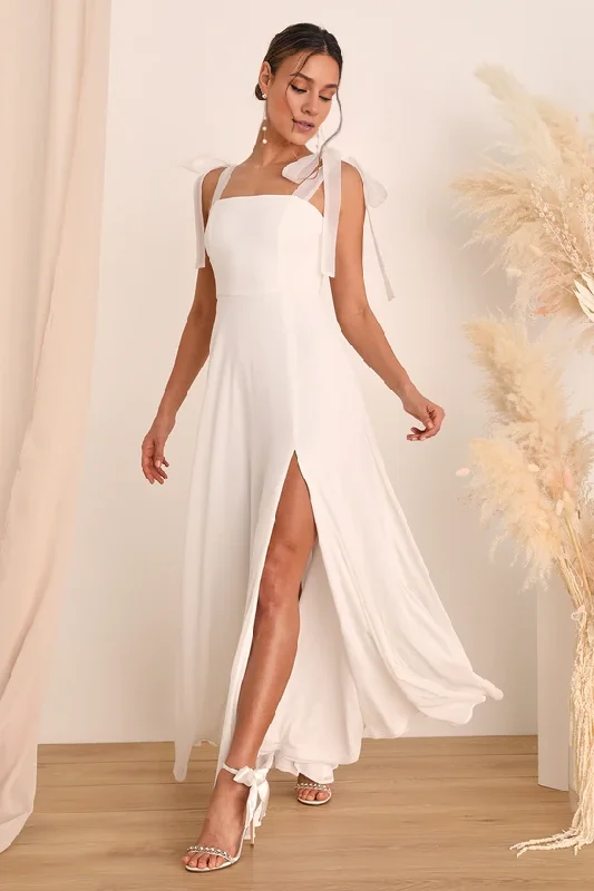 Romance White Tie-Strap Maxi Dress A-Line Long Simple Wedding Dresses With Slit