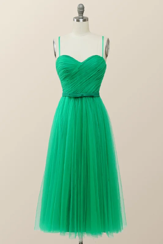 Spaghetti Straps Green Tulle Midi Dress