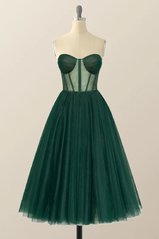 Sweetheart Emerald Green Tulle A-line Midi Dress