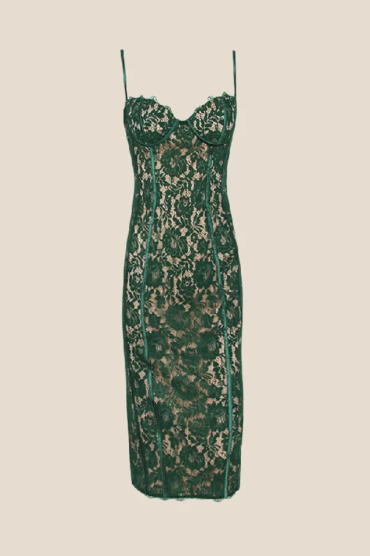 Straps Green Lace Sheath Midi Dress with Slit