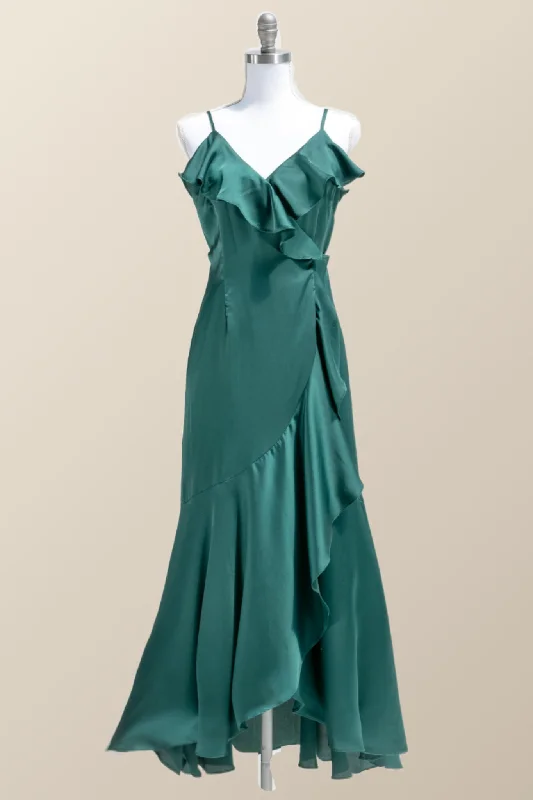 Straps Green Ruffles Wrap Midi Party Dress