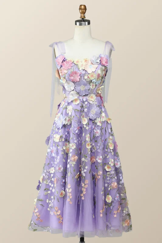 Straps Lavender 3D Flower Midi Dress