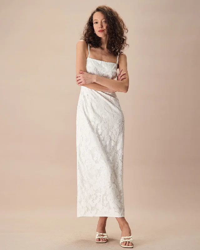 The White Square Neck Jacquard Slip Maxi Dress