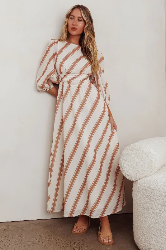 Transcendent Puff Sleeves Striped Maxi Dress Tan