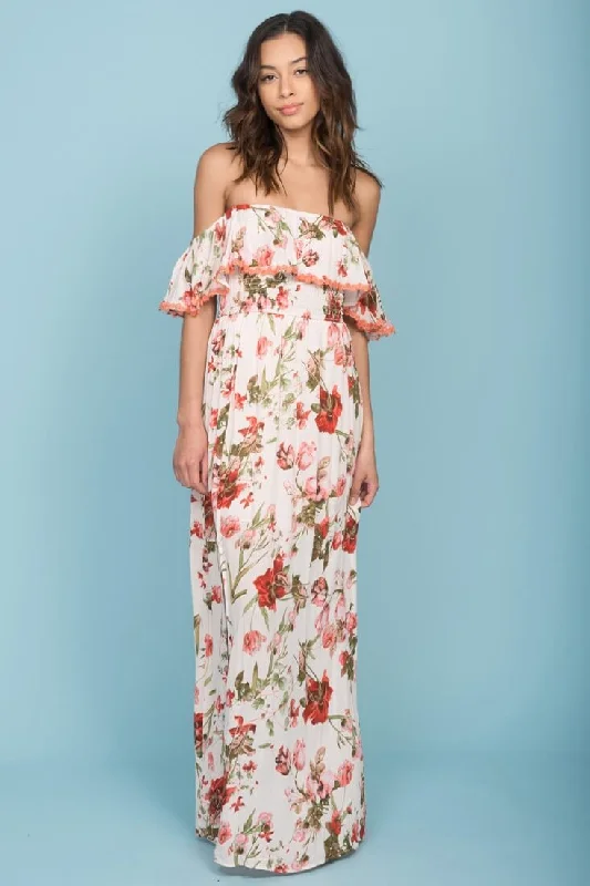 Tuscany Off The Shoulder Maxi Dress White & Red