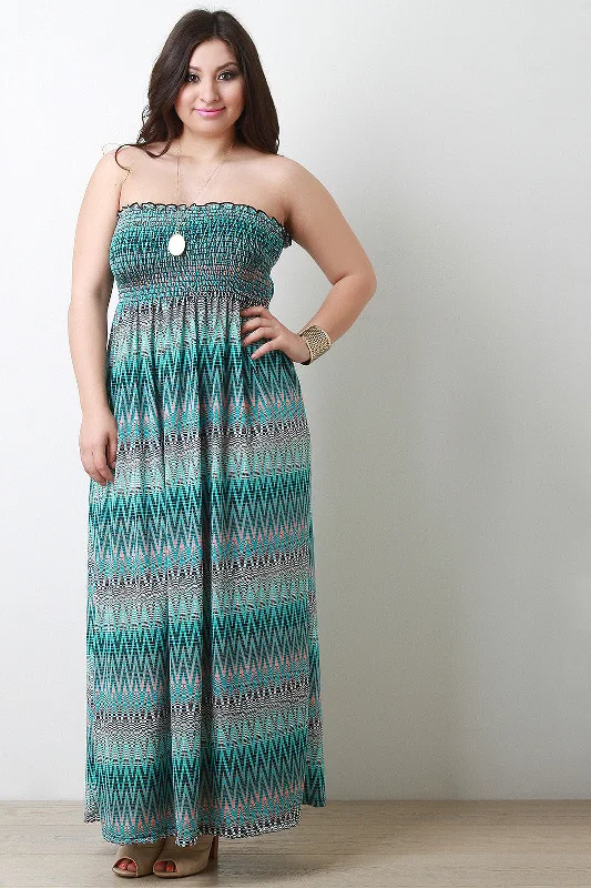 Zig Zag Empire Waist Strapless Maxi Dress