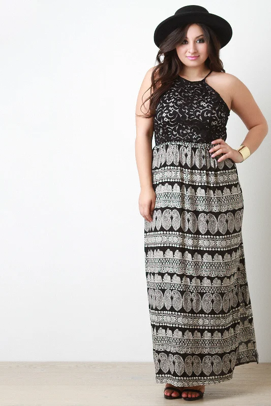 Plus Size Lace And Paisley Contrast Maxi Dress