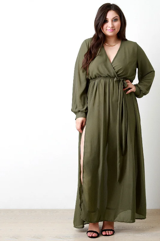 Sheer Chiffon Surplice Wrap Slit Maxi Dress