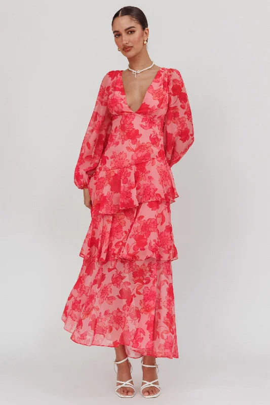 Veda Long Sleeve Floral Tiered Ruffle Maxi Dress Pink