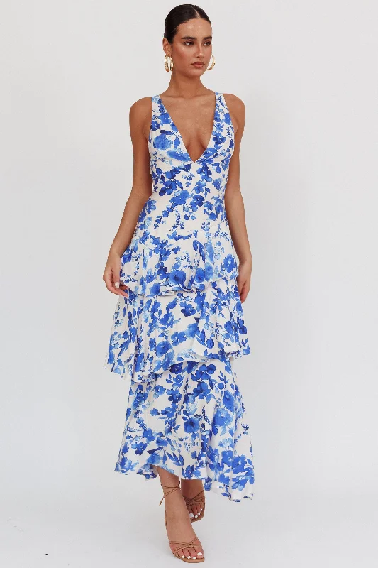 Veda Strappy Back Ruffle Maxi Dress Floral Blue