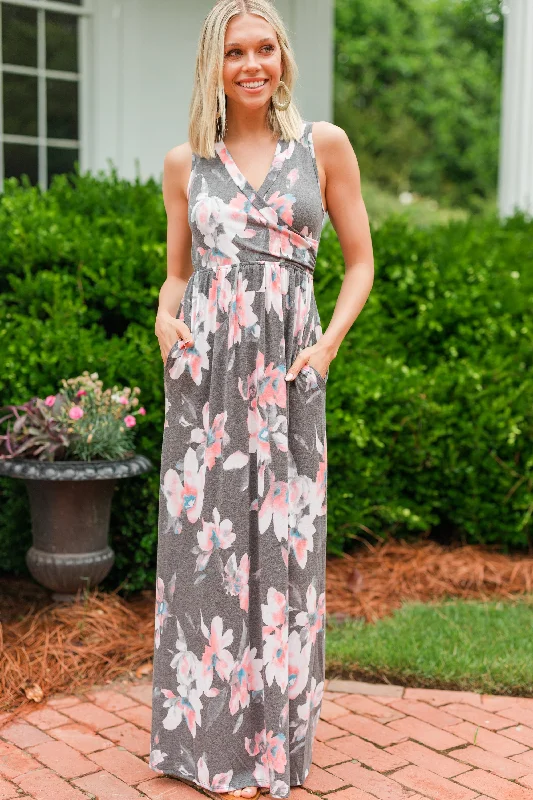 What A Lovely Life Charcoal Gray Floral Sleeveless Maxi Dress