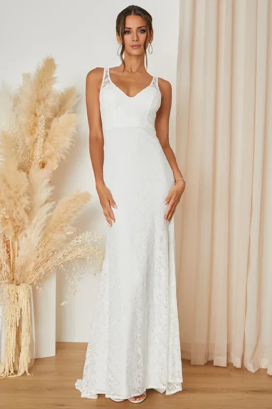 White Lace Sleeveless Backless Maxi Dress V-Neck Wedding Dresses