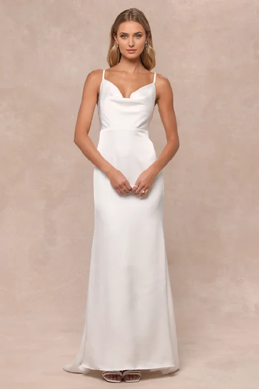 White Satin Cowl Neck Mermaid Maxi Dress Simple Wedding Dresses