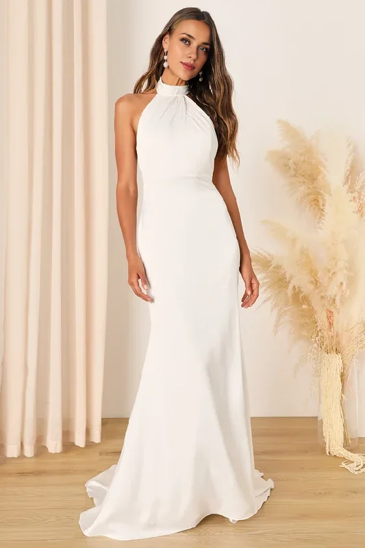 White Satin Halter Mermaid Maxi Dress Chapel Train Wedding Dress