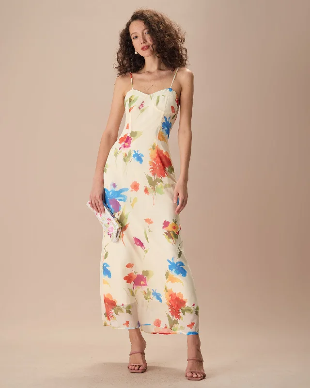 Women's Beige Floral Slip Maxi Dress