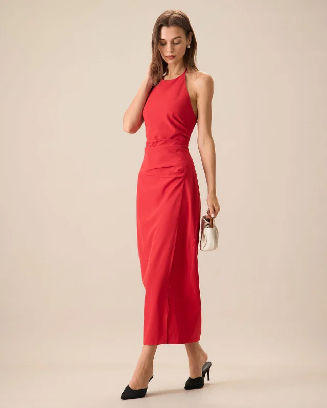 Women's Red Shirred Halter Maxi Dress