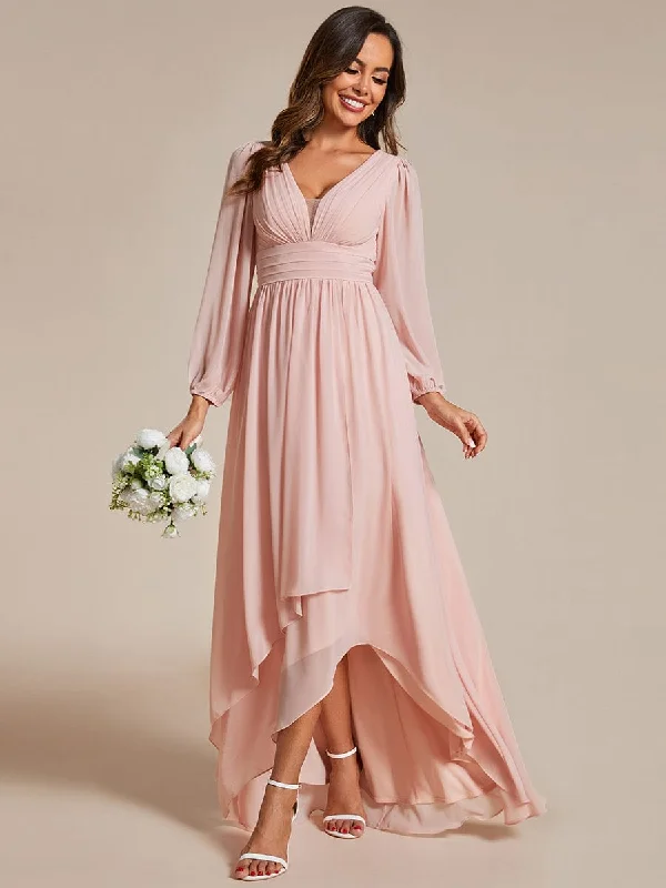 A-Line Pleated See-Through Long Lantern Midi Chiffon Bridesmaid Dress