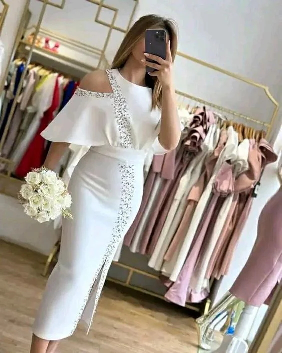 Chic White Sheath Midi-length Party Dress,White Cocktail Dress  cc867