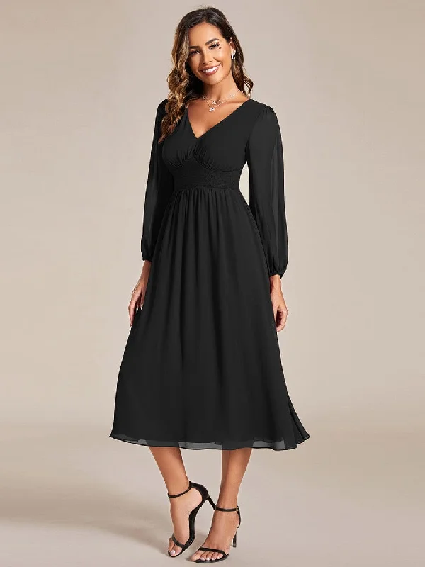 Chiffon V-Neck Long Sleeves Elastic Band Midi Wedding Guest Dress