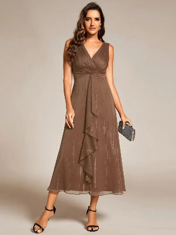 Custom Size Glitter Sleeveless A-Line Midi Wedding Guest Dress with Ruffled Hem