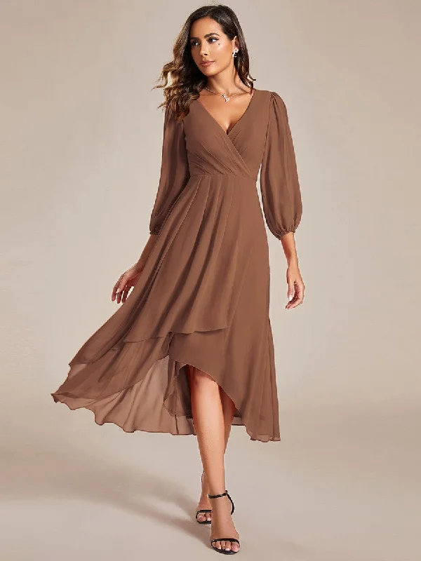 Custom Size Long Sleeves Asymmetrical Hem A-Line Midi Wedding Guest Dress