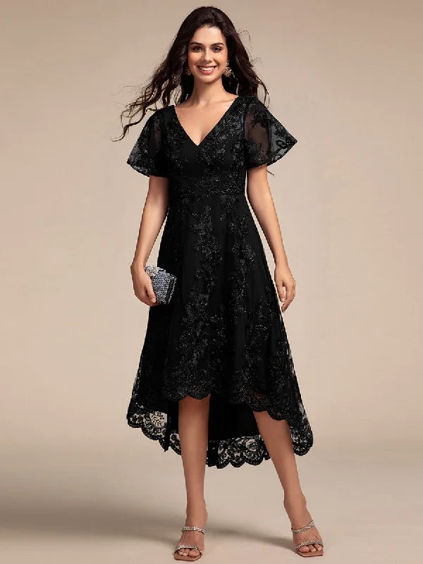 Embroidered Mesh Double V-Neck Short Sleeves Midi Wedding Guest Dress