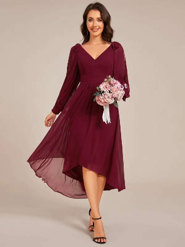 Audrey | Long Sleeve V-Neck Midi Asymmetrical Hem Chiffon Bridesmaid Dress