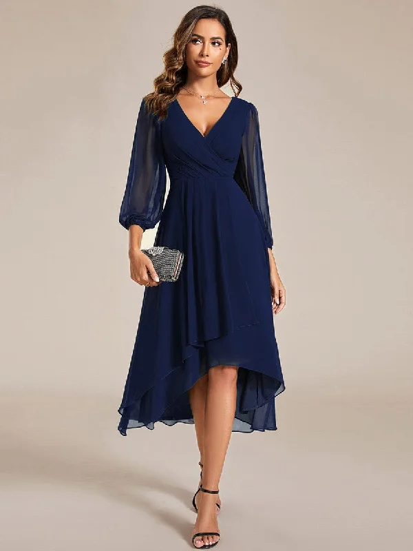 Laura | Long Sleeves Asymmetrical Hem A-Line Midi Wedding Guest Dress