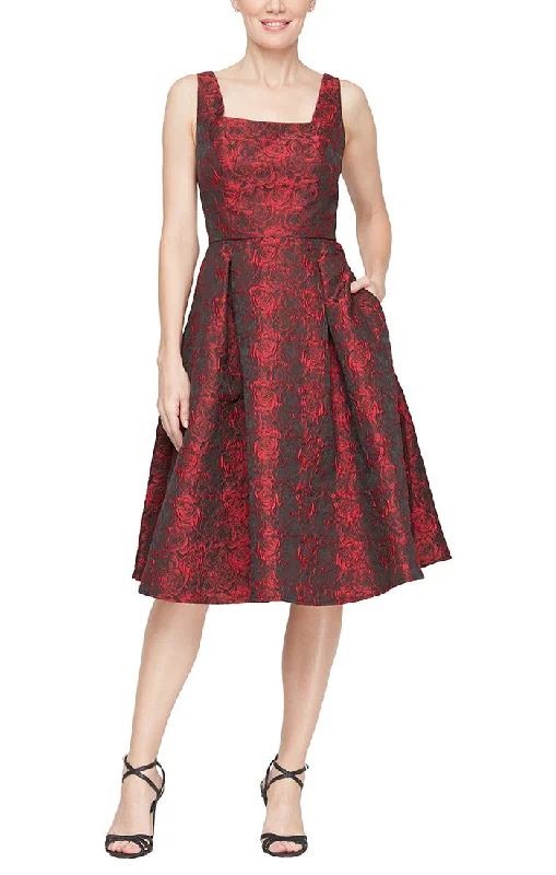 Midi Printed Jacquard Dress with Square Neckline & Full Skirt