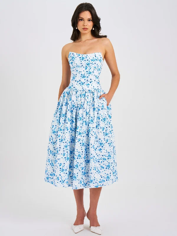 Paloma Blue Print Linen Corset Draping Top Midi Dress