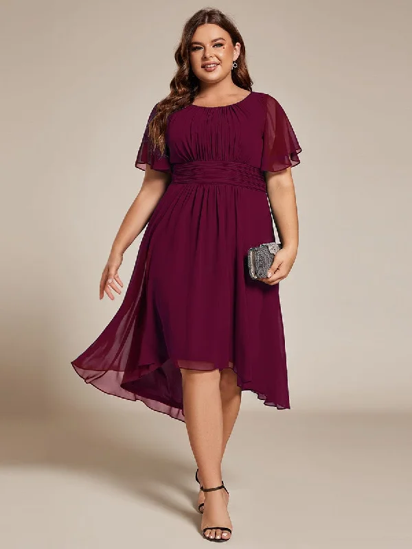 Plus Size Pleated Round Neckline A-Line Midi Chiffon Wedding Guest Dress