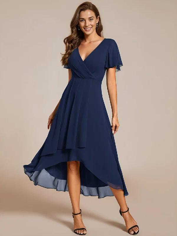 Lana | Ruffles Sleeve Pleated V-Neck A-Line Midi Chiffon Wedding Guest Dress