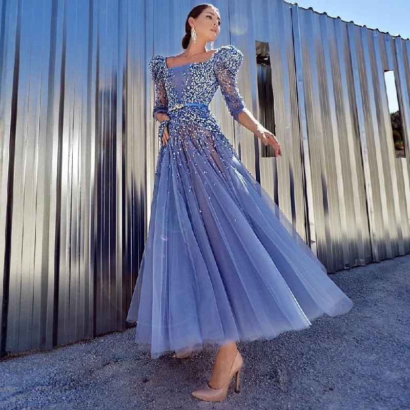 Serene Hill Blue Midi Evening Dress 2024 Luxury Dubai Muslim Ankle Length Arabic Short Wedding Formal Party Gown LA71631A