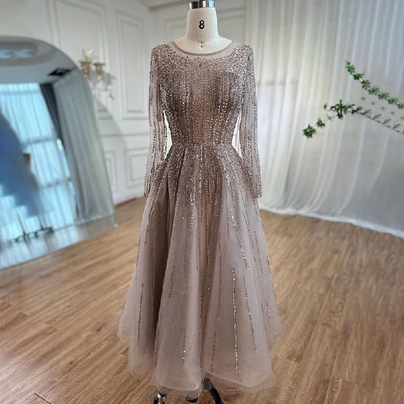 Serene Hill Muslim Luxury Beaded Caramel A-Line Midi  Ankle-Length Evening Dresses Gowns 2024 Formal Woman Wedding Party LA71111