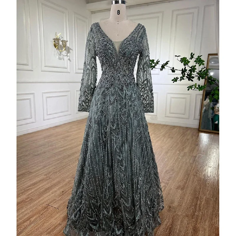 Serene Hill Muslim Luxury Beaded Turquoise A Line Midi  Evening Dresses Gowns 2024 Formal Woman Wedding Party LA72122