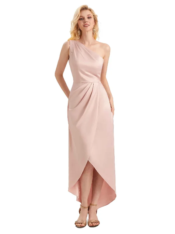 Unique Satin One Shoulder Asymmetrical High Low Midi Mermaid Bridesmaid Dresses