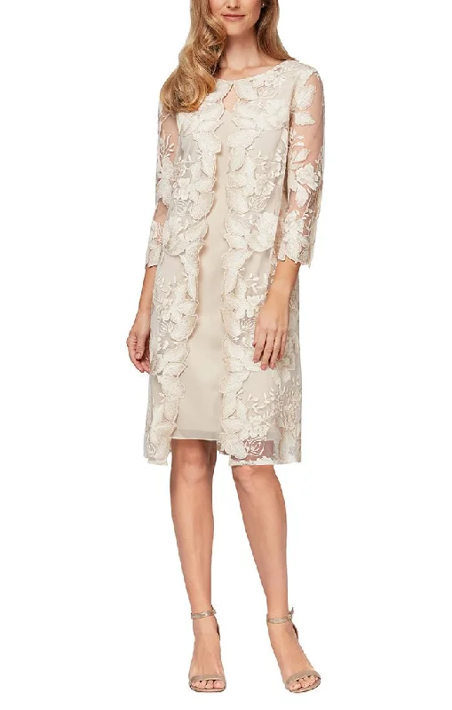 Midi Embroidered Mock Jacket Dress with Attached Jacket & Chiffon Tank Dress