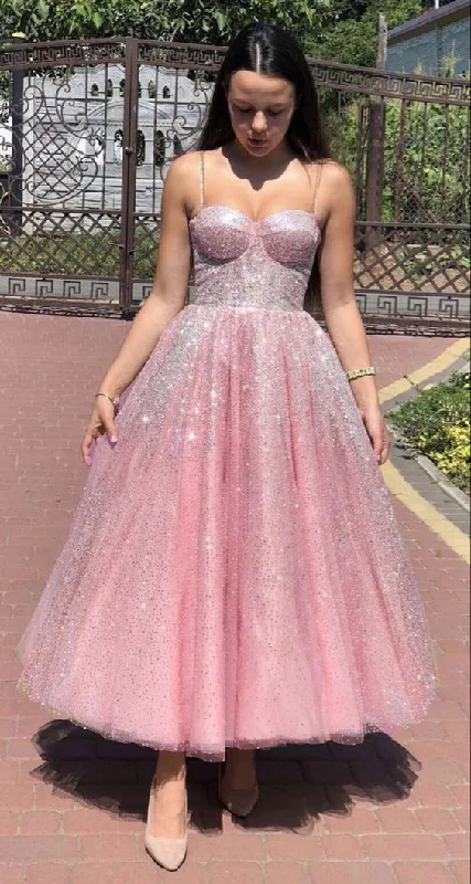 Sparkly prom party dresses midi length ball gown sweetheart spaghetti straps c2788