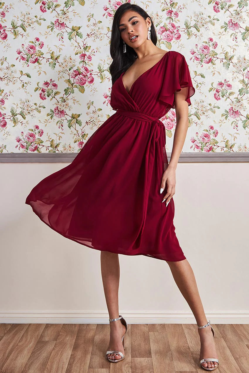 City Goddess Flutter Sleeve Midi Wrap Dress With Elasticated Waist