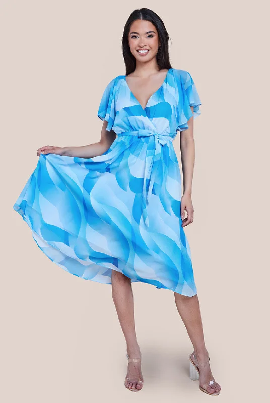 Goddiva Printed Flutter Sleeve Chiffon Midi Dress