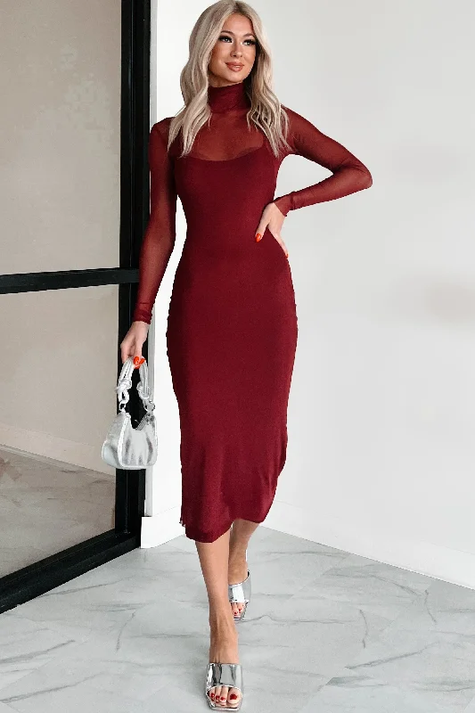 Loving Glances Mesh Midi Dress (Burgundy)