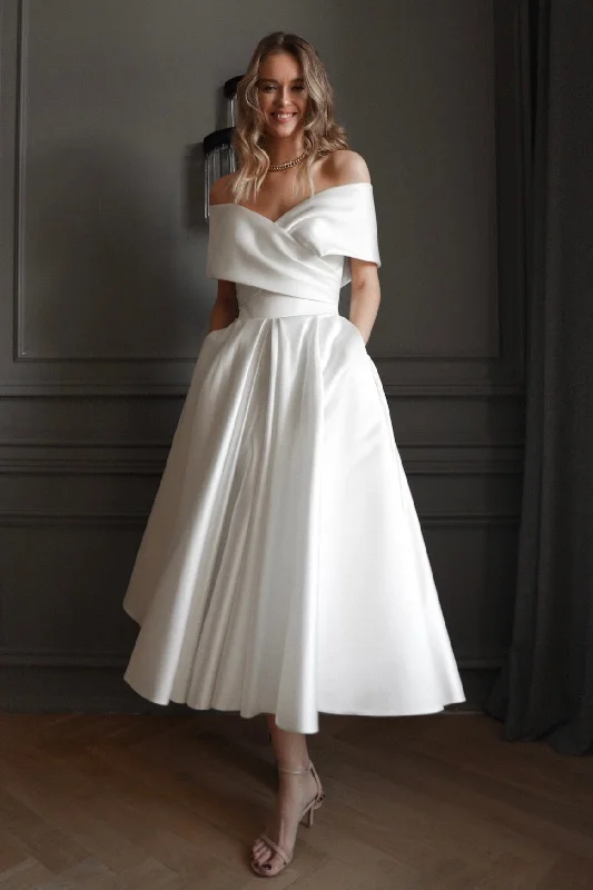 Light ivory Satin Midi Wedding Dress Cameron