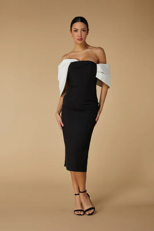 Ava Off Shoulder Midi Dress with Sculpted Monochrome Detail