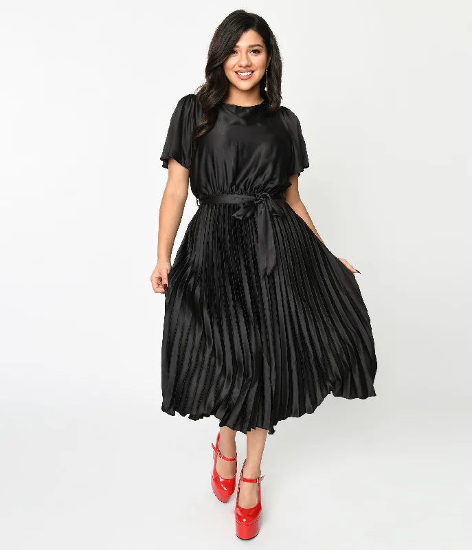 Black Satin Pleated Midi Dress