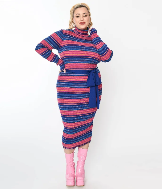 Blue & Fuchsia Striped Midi Bodycon Dress